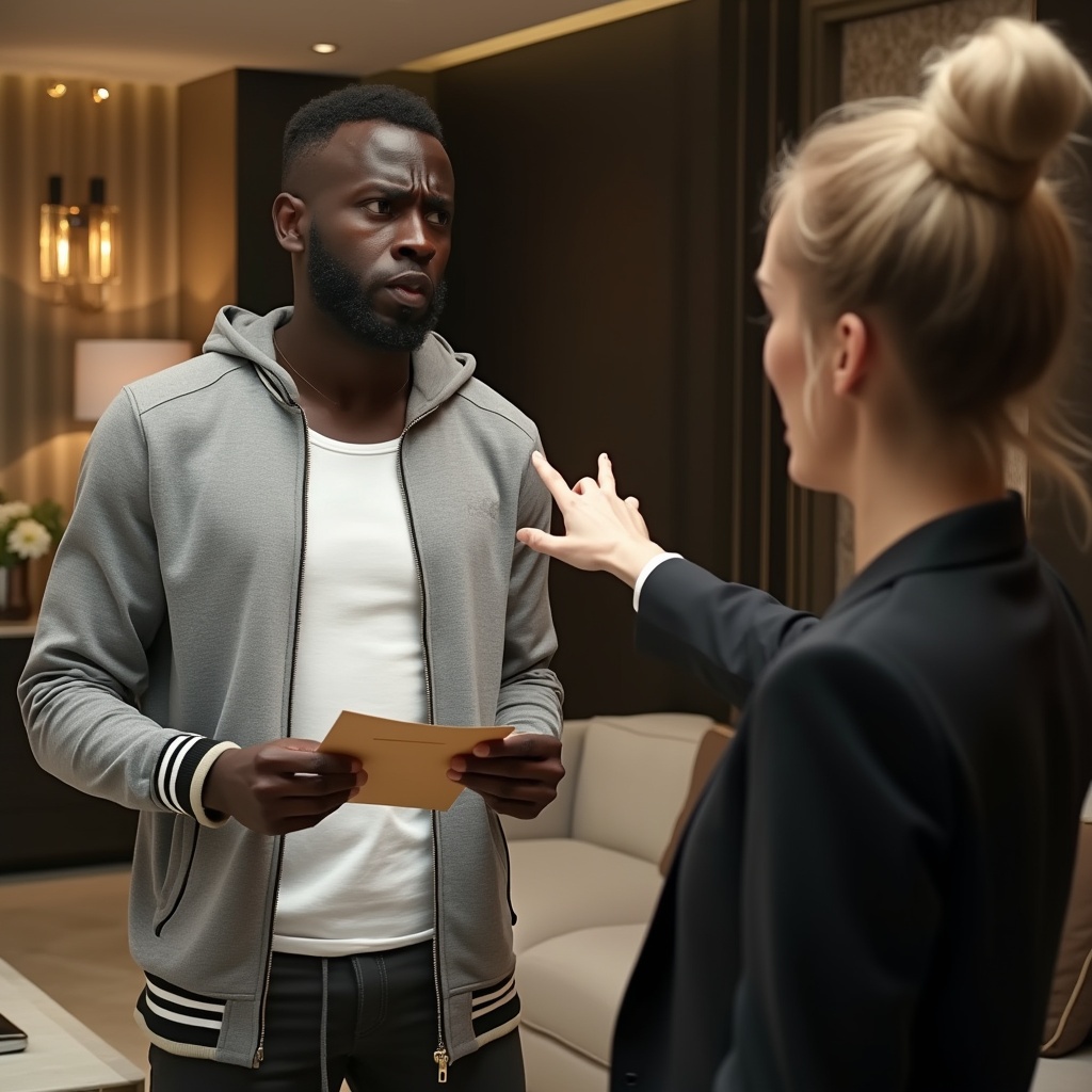 AI generated image by FLUX.1-pro: Photograph in a luxurious setting, featuring Sadio Mané, dressed in a white t-shirt and a grey sports jacket, holding an envelope in his hands with a confused expression. In front of him is a woman in a black suit, the woman can be seen from the side, with her hair tied up, who is pointing at him aggressively, shouting at him, as if she were kicking him out of the house. The background shows a luxurious setting with modern and elegant furniture, elegant lighting and luxurious decoration. The lighting is soft and the shadows highlight the tension between the characters. Created with: photorealistic style, high-end lighting, natural color palette, sharp focus, detailed textures, refined modern aesthetics, ambient reflections, soft depth of field, HD quality, natural look --ar 16:9
