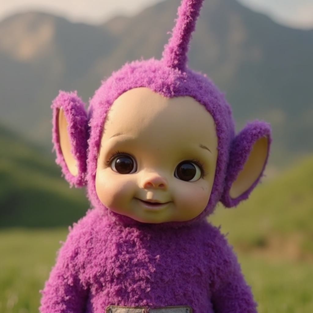 AI generated image by FLUX-Realism-Lora: image d'un teletubbies avec le visage de la streameuse twitch meyabouh