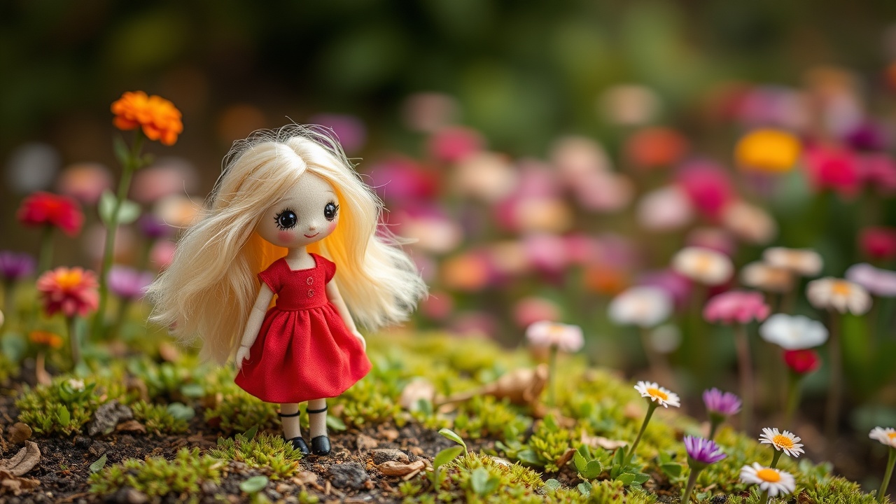 AI generated image by FLUX.1-schnell: Gorjuus style doll in the garden , tiny, blonde, red dress, landscape 