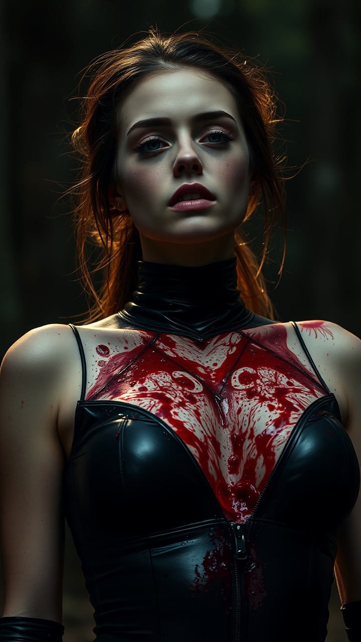 AI generated image by FLUX.1-schnell: She the most beautiful vampire girl and she is shot to dead by many enemies. Lot of details, high quality, 15k, View from far away on the vampire girl dying, Real wounds. Ultra realistic photo, Middle European girl, Perfect face, lips, mouth and whole sexy body. She is knelling wounded in the dark forest. Black tight latex suit unzipped, 21 years old, Cute face in shock of being wounded, Heart shot, hourglass body, Most beautiful female, great and perfect sexy body, Perfect face, big full lips, long legs, dark hair, nice blue eyes. She is shot in her chest by the sniper right in her heart, kill shot. Bloody wounds on her chest. Blood everywhere. Bloody bleeding wounds. Dark bloody bullet holes on her chest. She is shot 5 times in her chest. Many bloody bullet wounds on her chest. Big boobs