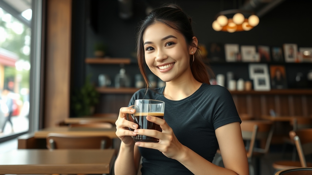 AI generated image by FLUX.1-schnell: a beautiful yogyakarta woman in a tight fitness t-shirt, full body, sitting in a cafe smiling looking at the camera while holding a clear glass cup containing brown late coffee