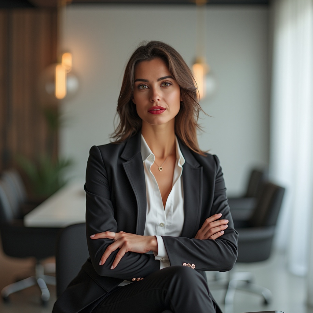 AI generated image by FLUX.1-pro: crear una imagen de una mujer elegante y profesional haciendo coaching en una oficina y con un cartel de fondo que dice el nombre de la empresa que es REHZA