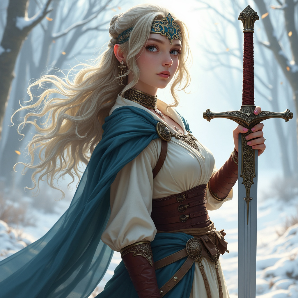 AI generated image by FLUX.1-pro: Beautiful girl holding a sword