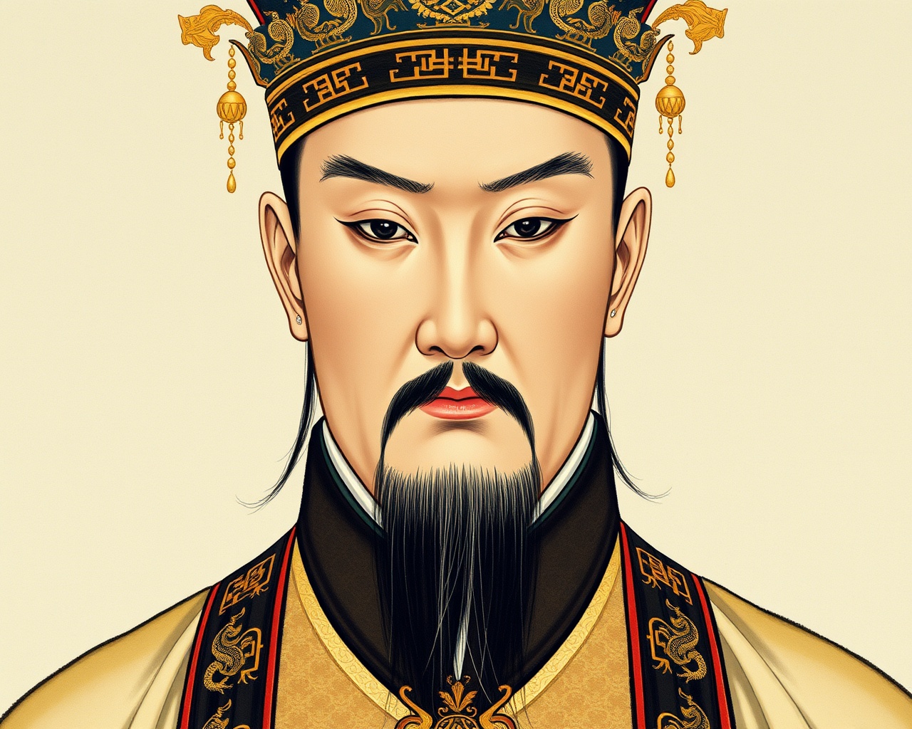 AI generated image by FLUX.1-schnell: A close-up portrait of a Song Dynasty emperor in the style of ancient court paintings. The facial features are soft and slightly indistinct, conveying a solemn and dignified expression. He wears a dragon robe adorned with intricate but subtle golden dragon patterns and an imperial crown with hanging pearls. The composition follows the format of traditional court art, with a muted palette of pale gold, ochre, and deep ink tones. The background is minimalist, drawing attention to the emperor’s regal figure and the timeless elegance of the artwork.