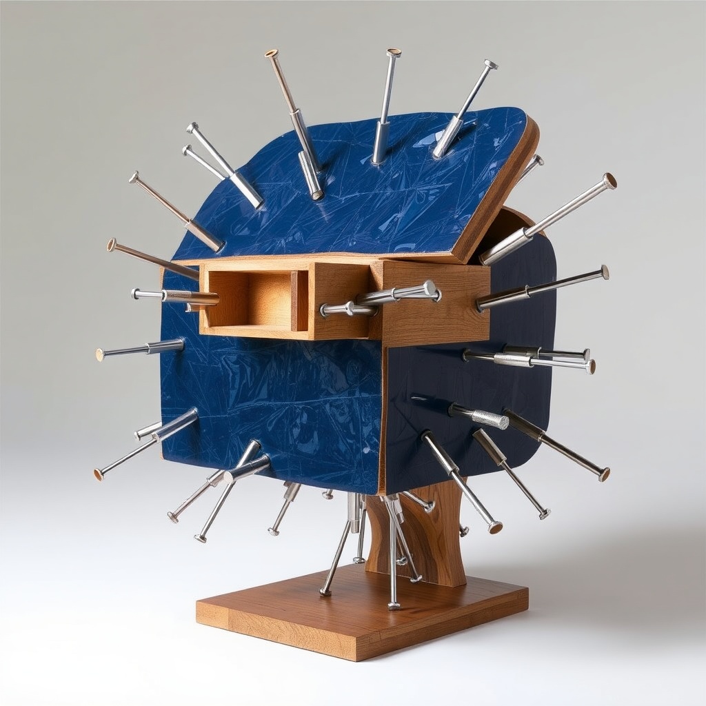AI generated image by FLUX.1-schnell: crazy sculpture made from wood with dark blue linoleum surface, aluminum extrusions, and stainless steel parts.
