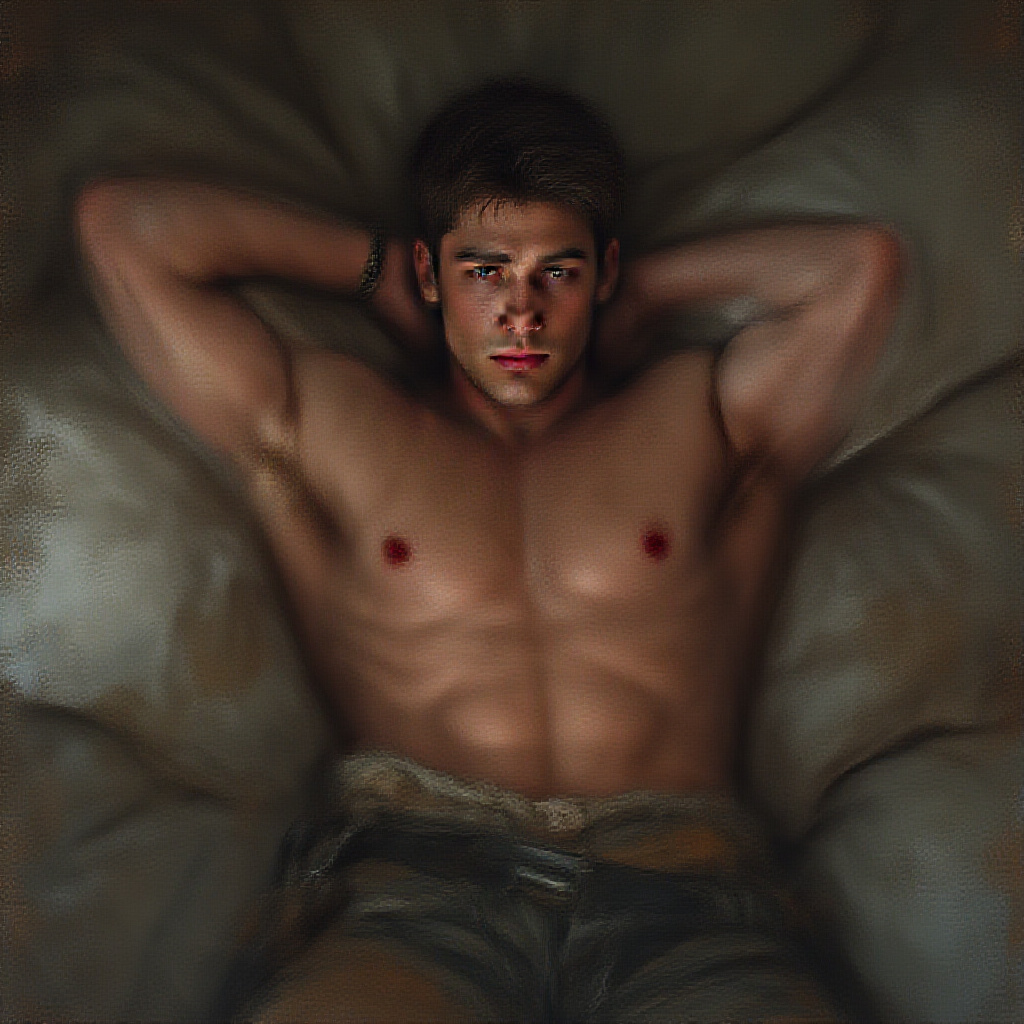 AI generated image by FLUX.1-pro: Chris Redfield from the Resident Evil franchise posing shirtless of a bed with Piers Nivans