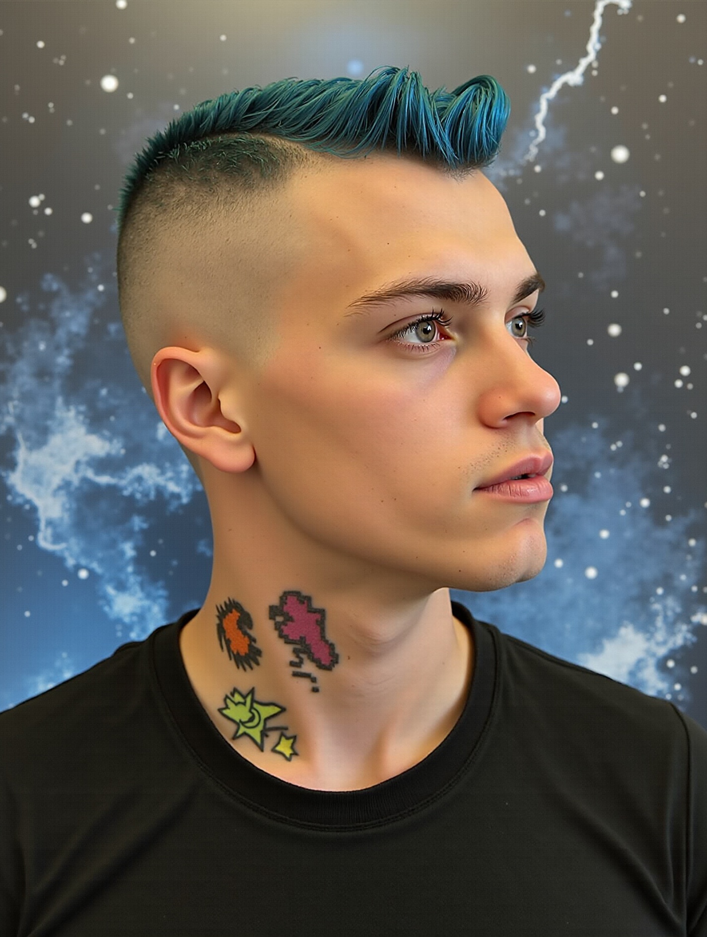 AI generated image by FLUX.1-image-to-image: Frisur zu einem Psychobilly Flattop ändern. Haarfarbe blau. Oberkörperfrei, stark tätowiert mit bunten Tattoos im Star Wars Design. Hintergrund: wie aus dem Film TRON mit einer verpixelten Atomexplosion.