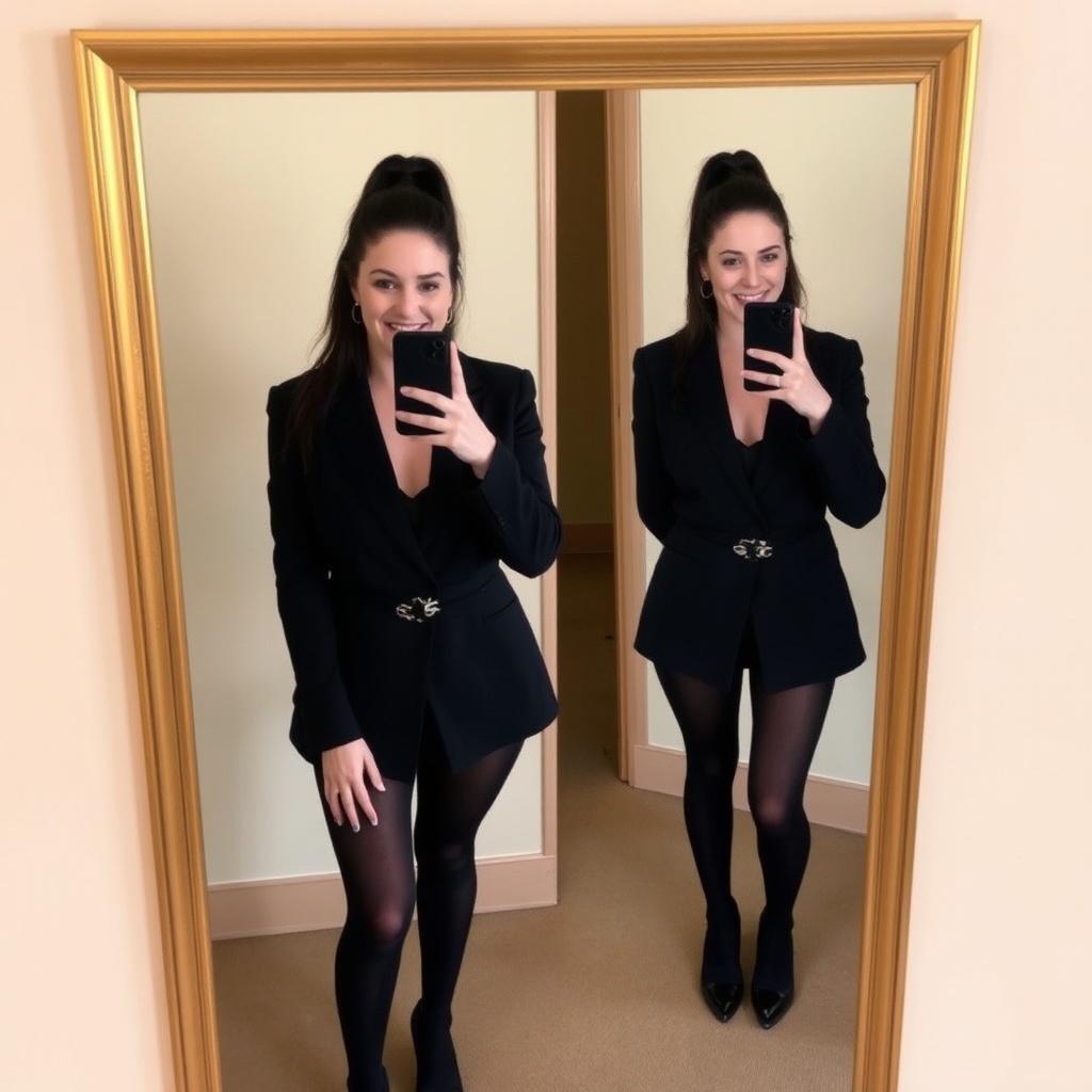 AI generated image by FLUX.1-schnell: A woman with dark brown hair pulled back in a high ponytail is taking a selfie in a mirror. She is wearing a black blazer with a silver chain belt, black tights, and black platform heels. She is standing in front of a beige wall with a light wood trim. The mirror is framed in gold. The woman is smiling and looking at the camera.