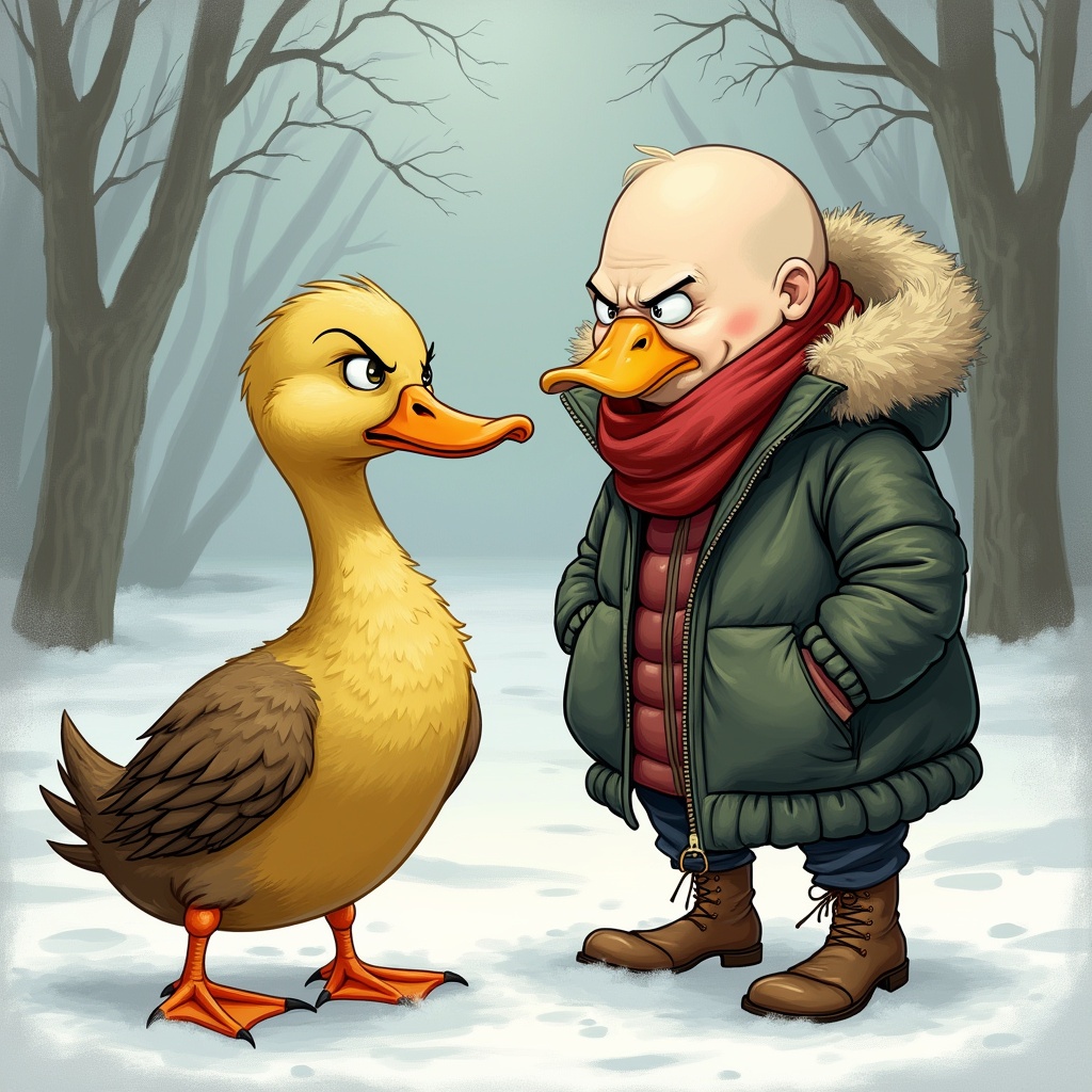 AI generated image by FLUX.1-pro: Please draw a comical picture of a bald duck getting angry at a bald woman wearing a down jacket and demanding that she give him her fur.