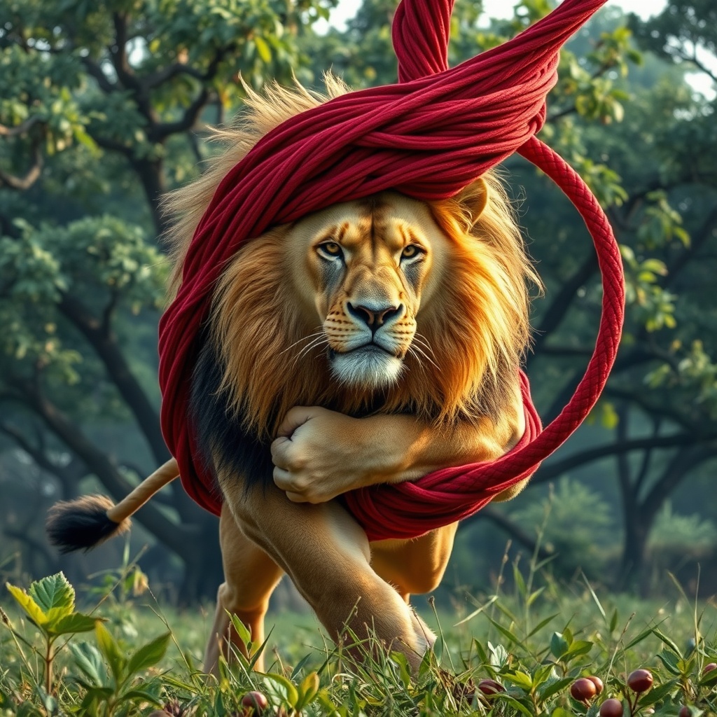 AI generated image by FLUX.1-schnell: Un triste león con melena dorada está atrapado en una gruesa red color café que lo levanta en el aire. Su expresión es de desesperación mientras ruge con fuerza, tratando de liberarse. La red de cuerdas gruesas lo aprieta, y su musculoso cuerpo lucha contra las ataduras. Al fondo, la densa selva africana con árboles frondosos y luces filtradas entre las hojas.