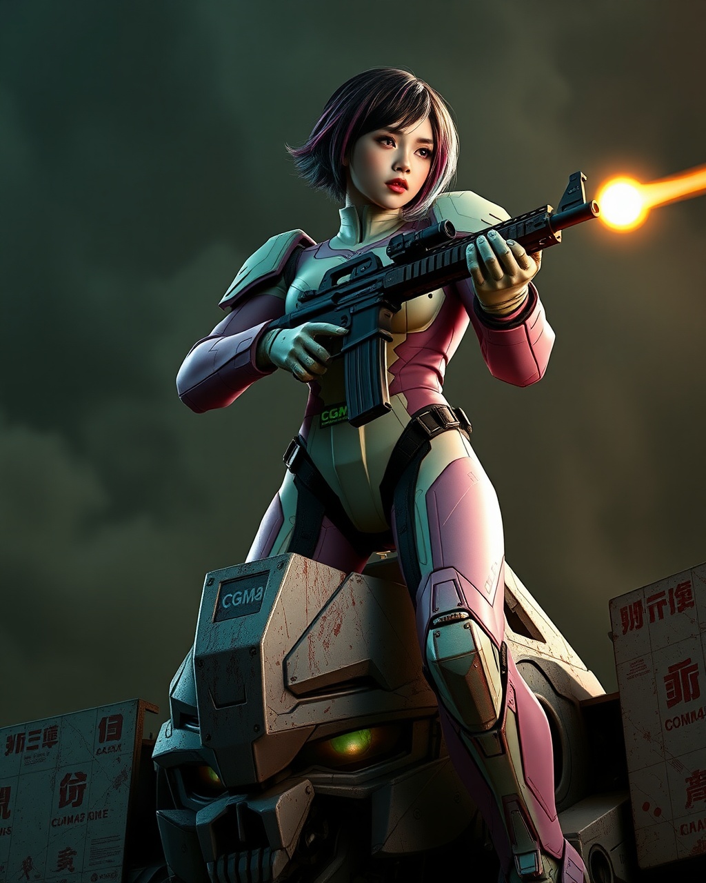 AI generated image by FLUX.1-schnell: Masterpiece full body of a Real Man,Virtual reality, skin like a real person , Best Quality,Beauty, full body image,War Cinematography , best shadows best illustrations Wallpaper size 1080×2400 px Detailed A realistic sci-fi image, similar to Hollywood movies. Full-length image of a Southeast Thai woman 14 years old very very big breasts, big breasts, short hair, dark pink and blue hair, white skin, she is shooting a AR-15 Gun forward, . her face looking straight ahead but her eyes looking to the right. Her face shows an indifferent but powerful expression on her face. There is a long blood-streaked map. She is wearing a modern but retro robot costume in light green and pink color with the logos green text of "CGM48" on the green back ground path, on the costume. She is standing on the head of a large robot (only the robot's feet are visible). Low-key lighting gives an apocalyptic feel. The background is a collapsed building with billowing smoke. GUNDAM image. there are many of storm troopers are chasing after him from behind.