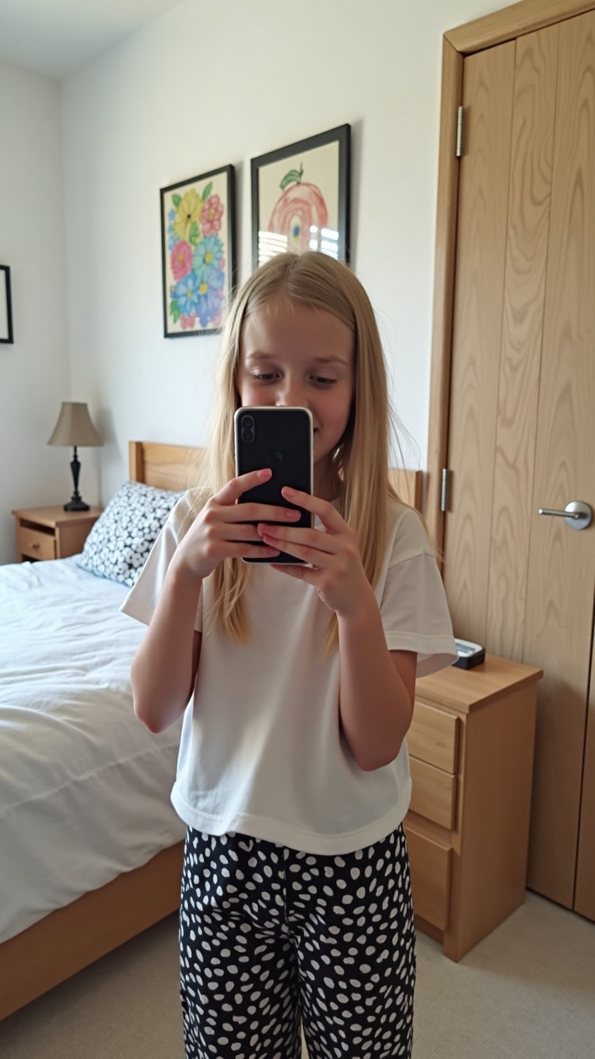 AI generated image by FLUX.1-image-to-image: young girl taking a selfie in her bedroom