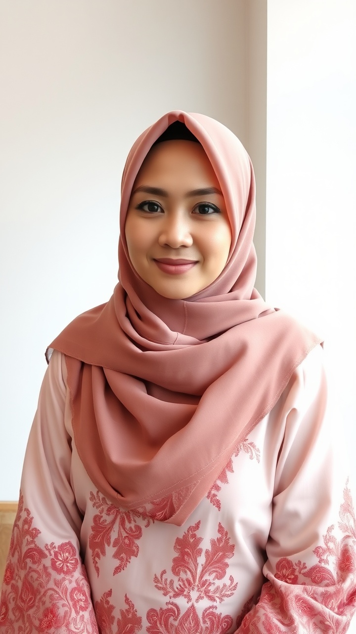 AI generated image by FLUX.1-schnell: A pretty Malay woman in her 30s.she wearing a plain hijab,traditional baju kebaya , This is a photo for her dating app profile