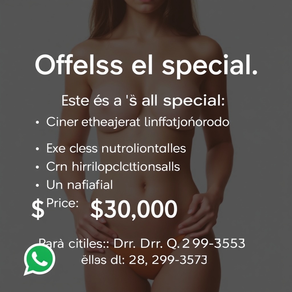 AI generated image by FLUX.1-schnell: Necesito crear una imagen para Instagram de una estética, que diga:

Título: Oferta especial

Este es el cuerpo del mensaje:

Cinco masajes de drenaje linfático y moldeadores


Cinco hidrolipoclasias ultrasónicas


Un menú nutricional


Una faja

Precio $30,000

Para citas, Dra. Rodríguez, 829-299-3573, poner el icono de WhatsApp frente al número de teléfono.
