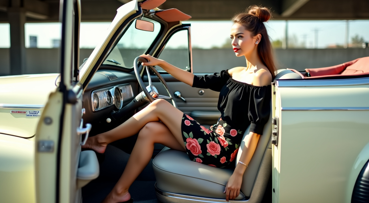 AI generated image by FLUX.1-pro: Top level of a parking garage on a sunny day. Impeccably restored white 1946 Chevrolet convertible with the top down. High bench front seat moved back light grey cloth set toward the back Light grey floorboard carpet. Lovely and very  petite (150 cm tall) French woman with trim figure in early 50s sitting on seat next to the open door with legs underneath the steering wheel short leg with Thighs resting on seat, feet on floorboard. Pale complexion, long brown hair gathered in bun. Red lipstick. Eye makeup. Black off-shoulder peasant blouse with 3/4 sleeves. Tight-fitting rose-covered pencil skirt hemmed above the knee. Black suede high heel wedge slides with rose on the vamp. Camera positioned just outside and behind the open door. Focus on feet. Both feet visible. right foot toward the pedals