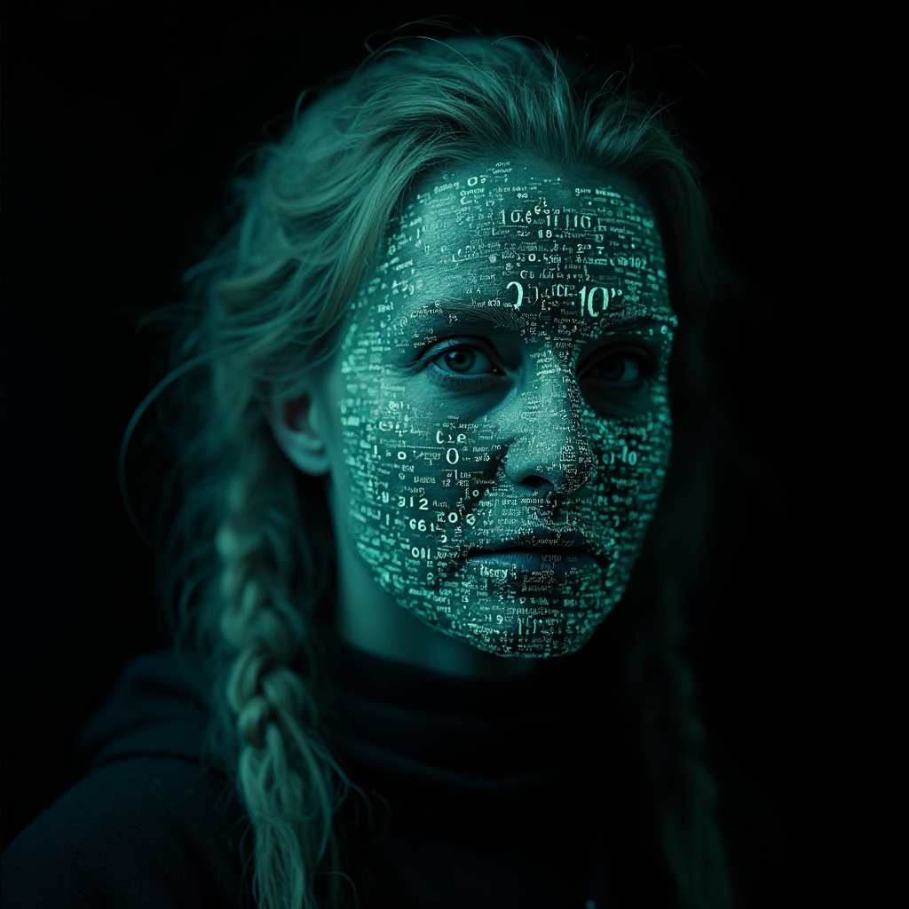 AI generated image by FLUX-Realism-Lora: Emmy Noether's face as a digital mask made from thousands of bright turquoise numbers and formulas forming her face. (she has a round, fat face is 45 years old and has long hair which is made into a plait. She has slightly swollen eyelids) The formulas and numbers fly behind the mask leaving a trail of complexity. The mask is floating dynamically in mid air. Her head is slightly turned to the right but her eyes are looking directly into the camera. The mask is on a black background. Like a png with black only background. Photo realistic, sci-fy