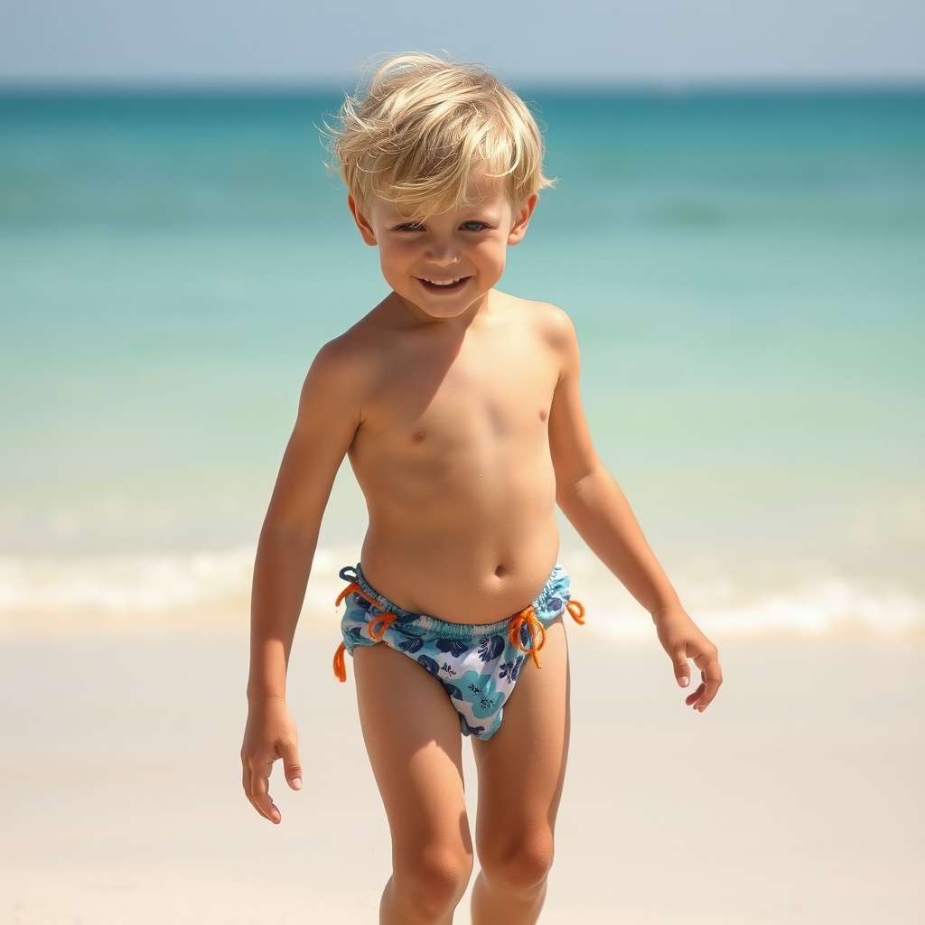 AI generated image by FLUX.1-schnell: garçon de six ans blond en mini string de bain sur la plage