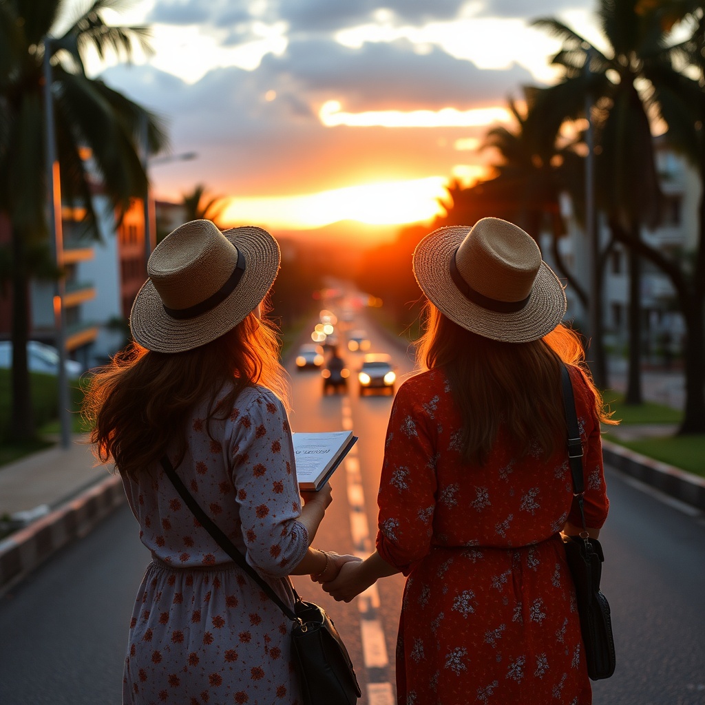 AI generated image by FLUX.1-schnell: Duas mulheres de vistido longe com um livro no braço andando ao longe em uma estrada na cidade em um por do sol. vista de tras