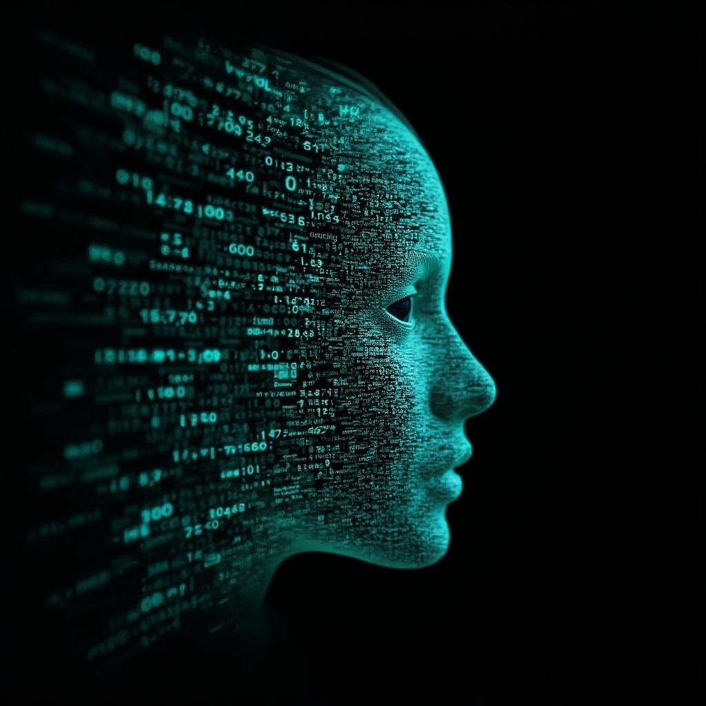 AI generated image by FLUX-Realism-Lora: Emmy Noether's face as a digital mask made from thousands of bright turquoise numbers and formulas forming her face. The formulas and numbers fly behind the mask leaving a trail of complexity. The mask is floating dynamically in mid air. Her head is turned to the right but her eyes are looking directly into the camera. The mask is on a black background. Like a png with black only background. Photo realistic, sci-fy
