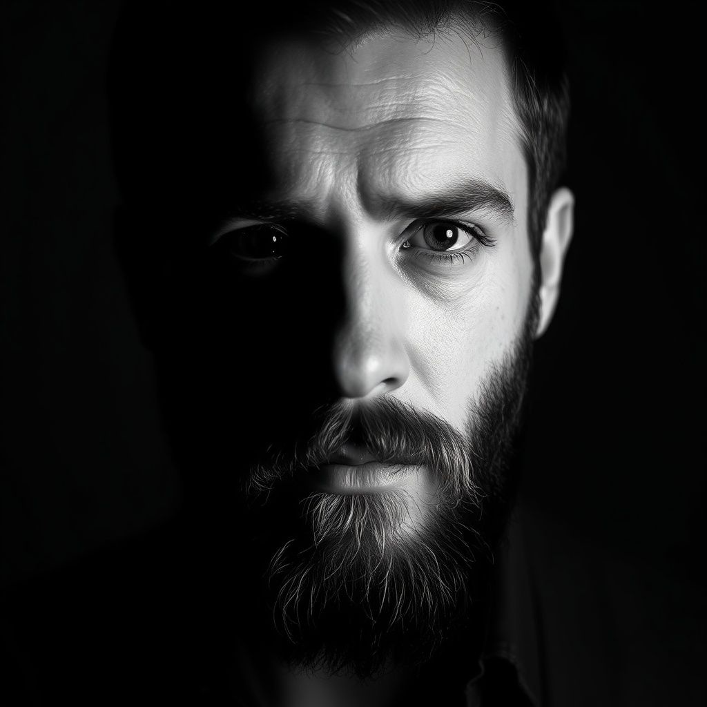 AI generated image by FLUX.1-schnell: photography, monochrome, front view, evoking the starkness of classic noir with an intimate, psychological edge, close-up, profile with strategic lighting to accentuate features and create depth, black and white digital photography, with a high emphasis on texture and contrast, Canon EOS 5D Mark IV, preferred for its full-frame sensor that captures detailed gradations in tone, Canon EF 85mm f/1. 2L II USM, offering a shallow depth of field, manual mode, using a single off-camera flash with a snoot to direct a focused beam of light, camera on a tripod for stability, male in his thirties, with a beard and a gaze that holds an introspective stillness, beard is well-groomed, catching highlights where the light grazes, and his eyes are deep-set, underlined by a furrowed brow, indicative of concentration or internal conflict, minimalist, to avoid distracting from the subject's emotive presence, he absence of a background ensures that all narrative weight is carried by the subject's expression and the play of light on skin, void of context, the darkness envelops the subject, focusing attention on the stark contrast of light and shadow across his face, low key, with a singular source that creates a diagonal divide across the face, symbolizing the chiaroscuro technique's thematic play between revelation and concealment, the light catches on the ridges of the subject's facial features; the thoughtful position of his hand, fingers resting gently yet firmly against his chin, adds to the introspective quality, portrait invites the viewer into a moment of private reflection, punctuated by a profound silence that speaks volumes, serving as a canvas for the viewer's own interpretations of light, shadow, and the layers of the human condition, UHD--ar 9:16 --style raw --stylize 600
  

Generation parameters 
 1632x2912
Model used
 Midjourney 6
[Download AI model]
Prompt category
Midjourney portraits prompts
More by Grayve









×
Sign up for a free PromptHero account

Log in to save favorites, generate images and discover AI artists you'll love.

