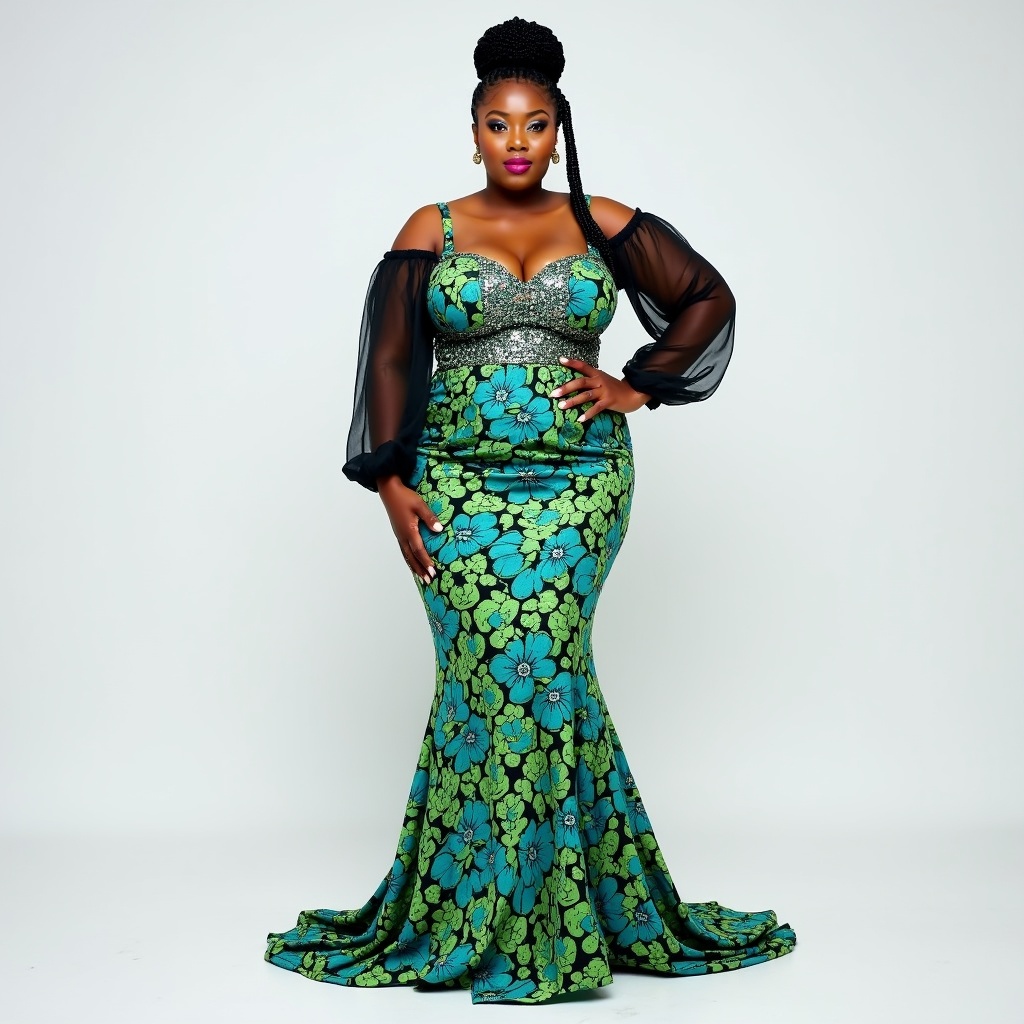 AI generated image by FLUX.1: A vibrant, full-figured beautiful chubby curvy African woman exudes elegance as she stands confidently in a chic, long Ankara African print fabric gown. The dress features a modern green and teal floral patterned, with shimmering embellishments bodice. The dress has a corset-style top, long sheer sleeves, and a form-fitting skirt. Her braided cornrow bun is neatly styled, enhancing her graceful appearance. The backdrop is a modern white showroom, emphasizing her poised and fashionable presence.