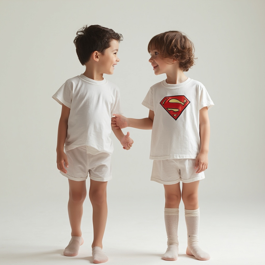 AI generated image by FLUX-Realism-Lora: 12 years old two boys wearing white in transparent compression superman and barefoot