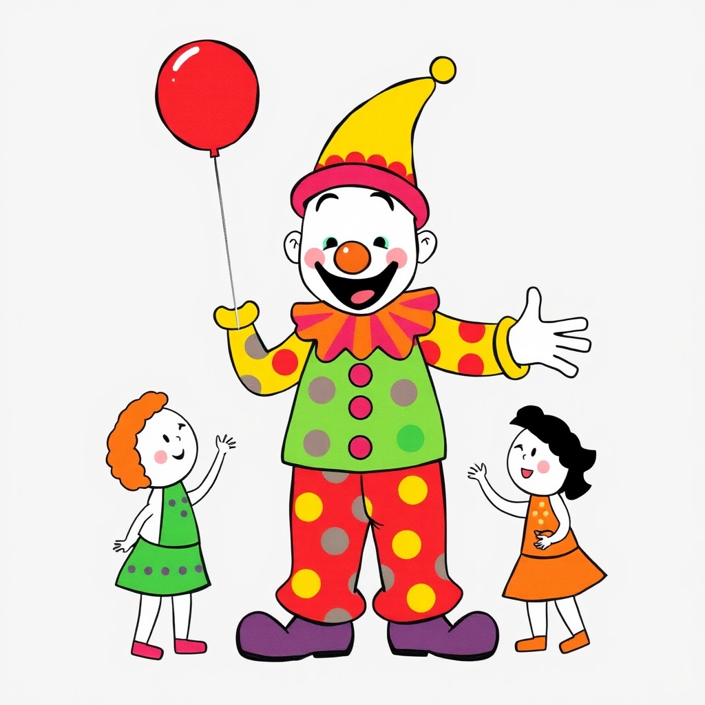 AI generated image by FLUX.1-schnell: A simple drawing of a clown in basic colors entertaining young kids.