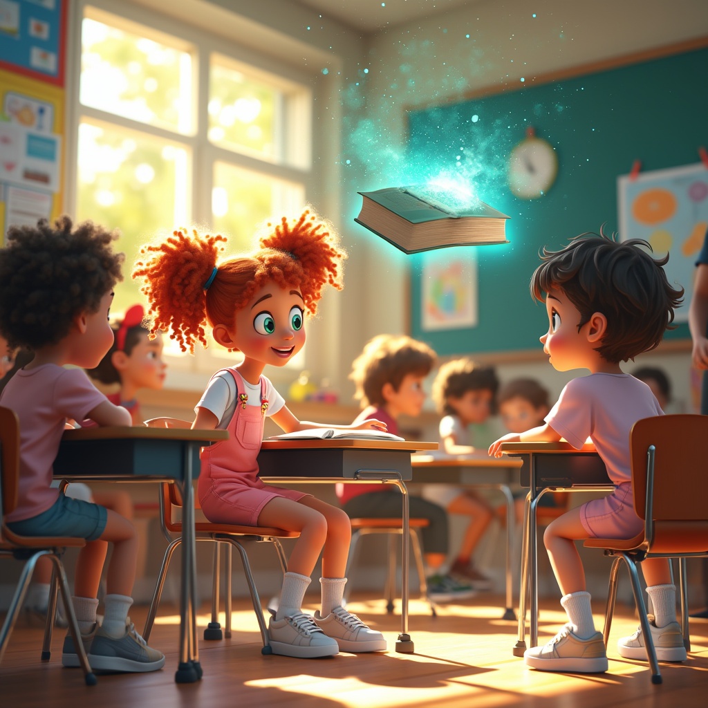 AI generated image by FLUX.1-pro: A lively elementary school classroom during a science lesson. Sunlight streams through large windows, casting a warm glow. Students sit at their desks, engaged in the lesson—until something magical happens!

Liora: A 6-year-old girl with curly red hair in two high pigtails, bright green eyes, wearing a white t-shirt and pink short overalls. She sits at her desk, her eyes wide in shock as a book levitates above her, hands frozen on the desk.

Finn: A 6-year-old girl with short, wavy dark brown hair, big blue eyes, wearing a light pinkish t-shirt and shorts, knee-high white socks, and light-colored sneakers. She is sitting at her desk, her eyes widened in fear, hands slightly raised in panic, unsure of what to do.

Teacher: A calm and observant male teacher standing at the front of the class, arms crossed, analyzing the situation with curiosity rather than fear.

Other Students: Various reactions—some staring in shock, some hiding in fear, while one student in the back is nearly falling off their chair.

The Book: Glowing softly with a mystical blue-green aura, floating and slowly rotating in mid-air. Suddenly, it drops to the desk, making a thud, silencing the entire class.

Classroom Environment: Walls decorated with colorful posters, student projects, and scientific diagrams, illuminated by natural light, creating a vibrant and welcoming atmosphere.