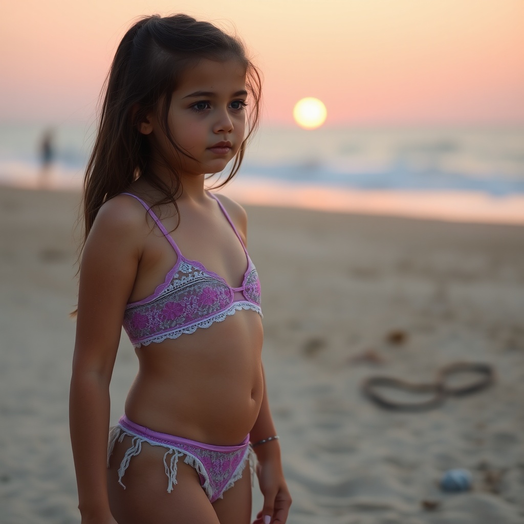 AI generated image by FLUX.1-schnell: A young girl wearing lingerie, standing on a sandy beach in front of a glowing sunset in the distance. 