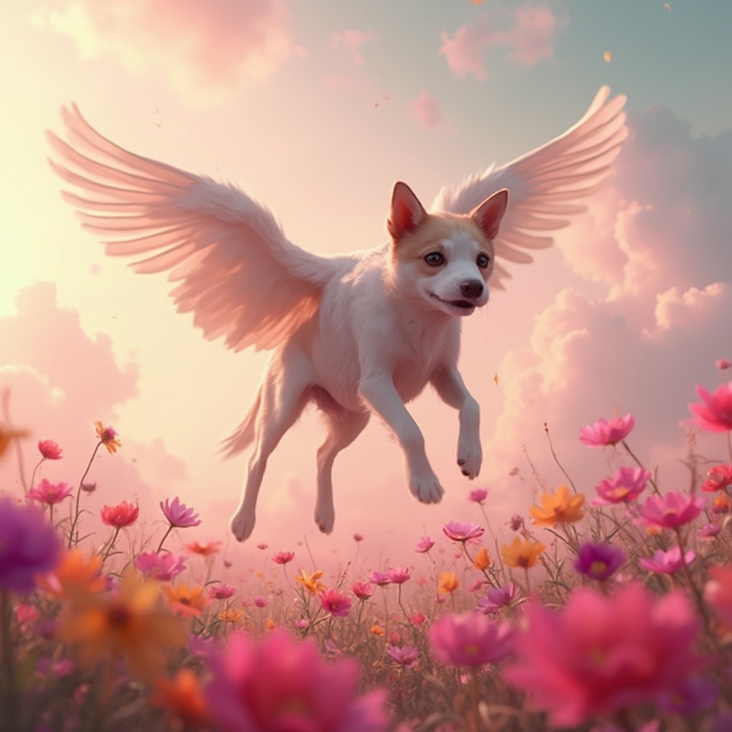 AI generated image by FLUX-Realism-Lora: a super realistic photo of a flying dog with wings on a planet where there is full of colorful flowers and the sky is shades of pink.