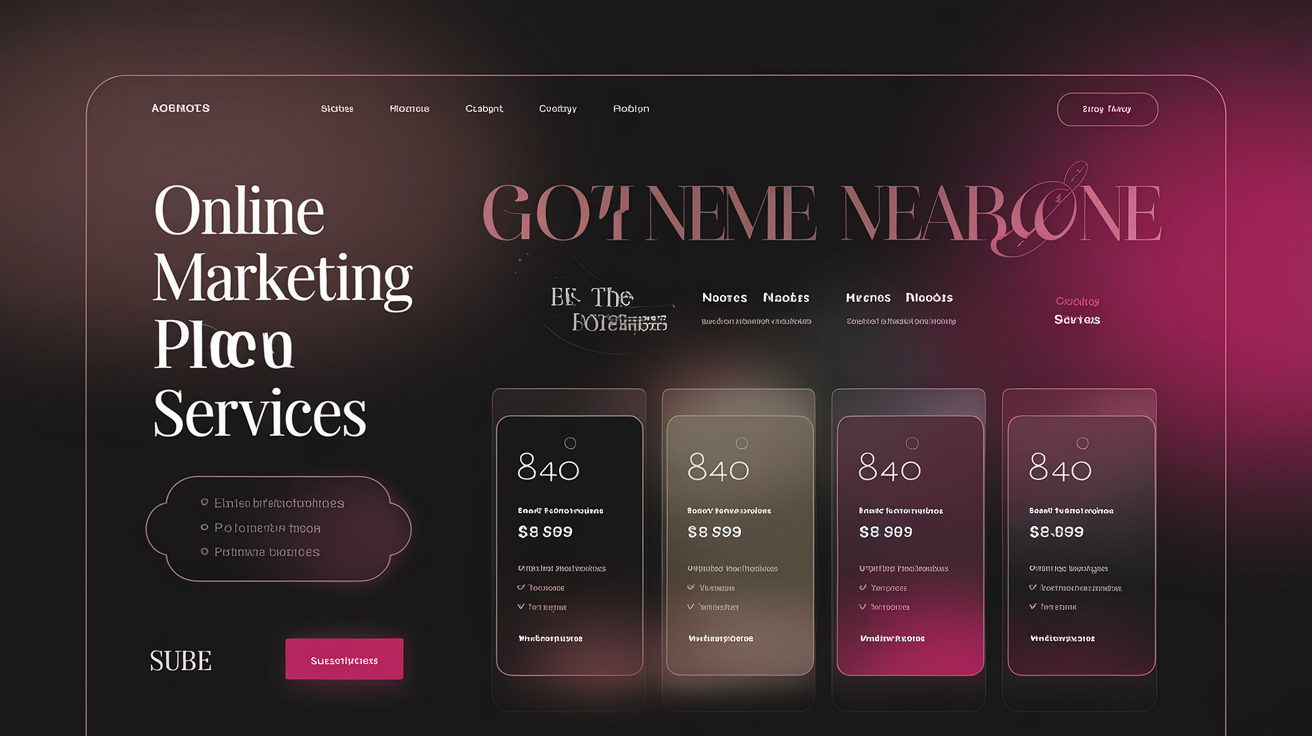 AI generated image by ideogram 2.0: Professional luxury agency-style web template design.  
- Gradient background: black to dark pink.  
- White content containers.  
- Multiple vertically stacked pages.  
- Clear layout showing categories of online marketing services.  
- Include a pricing table with three subscription plans.  
- Each plan shows which services are included.