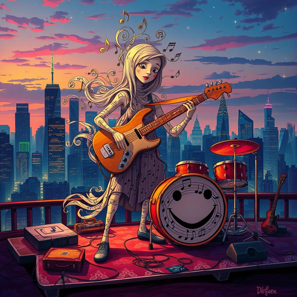 AI generated image by FLUX.1-schnell:  A whimsical person made entirely of swirling musical notes, with a guitar crafted from treble clefs and staffs, strums a lively melody on the instrument, also composed of notes. The person's clothing, a stylish ensemble of melody-driven patterns, flows in harmony with the music. Standing on a vibrant stage, set against the stunning backdrop of a city skyline at dusk, with skyscrapers and buildings twinkling like stars. The stage is cluttered with an assortment of musical instruments, each one uniquely designed and infused with musical notes, adding to the symphony of colors and textures. A charismatic drum kit, featuring a large, smiling face made of musical notes, sits proudly at the center of the stage, as if conducting the entire scene. The illustration style blends the playful, dreamlike quality of Hayao Miyazaki's work, the vibrant colors of Camille Rose Garcia's art, and the intricate musical patterns reminiscent of M.C. Escher's style.