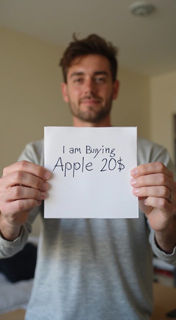 AI generated image by FLUX-Realism-Lora: IMG_2108.jpg male selfie holding a piece of paper with text I am buying apple 20$ 147-067-006