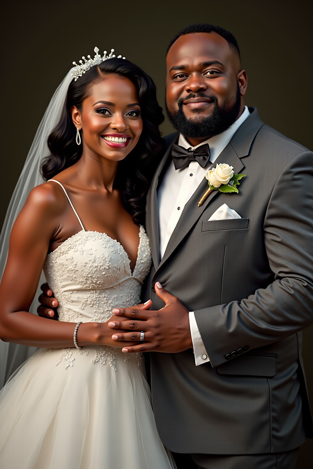 AI generated image by FLUX.1-image-to-image: Create a photorealistic, cinematic, professional, romantic, dramatic, wedding photo of the smiling slightly plump mixed wife holding her new heavy and rotund light-skinned Creole-American's husband's hand. Keep their gown and suit the exact same. Clone the bride's face and body type. Keep the same facial expression and details, hair color and style, body type, and detailed facial features for the bride. Clone the groom's face EXACTLY as it is in the image, MUST keep the same detailed facial features, hair color and style, AND body type. Focus on keeping the details of each face the EXACT same as it is in the reference photo.