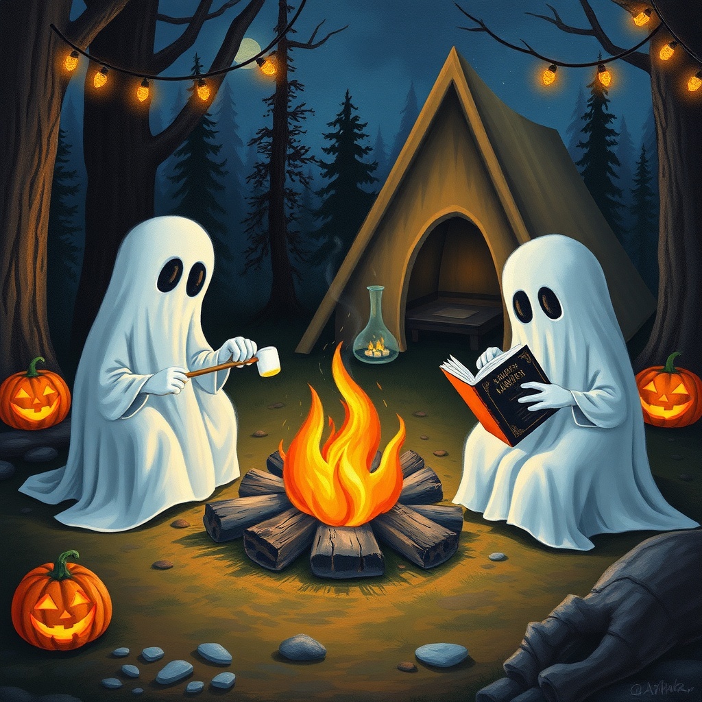 AI generated image by FLUX.1-schnell: create a painting of three ghosts camping. two are roasting marshmallows on a stick around a campfire and one is reading a spooky book. The campsite should be decorated with halloween decorations, jackolanterns, lights, etc.