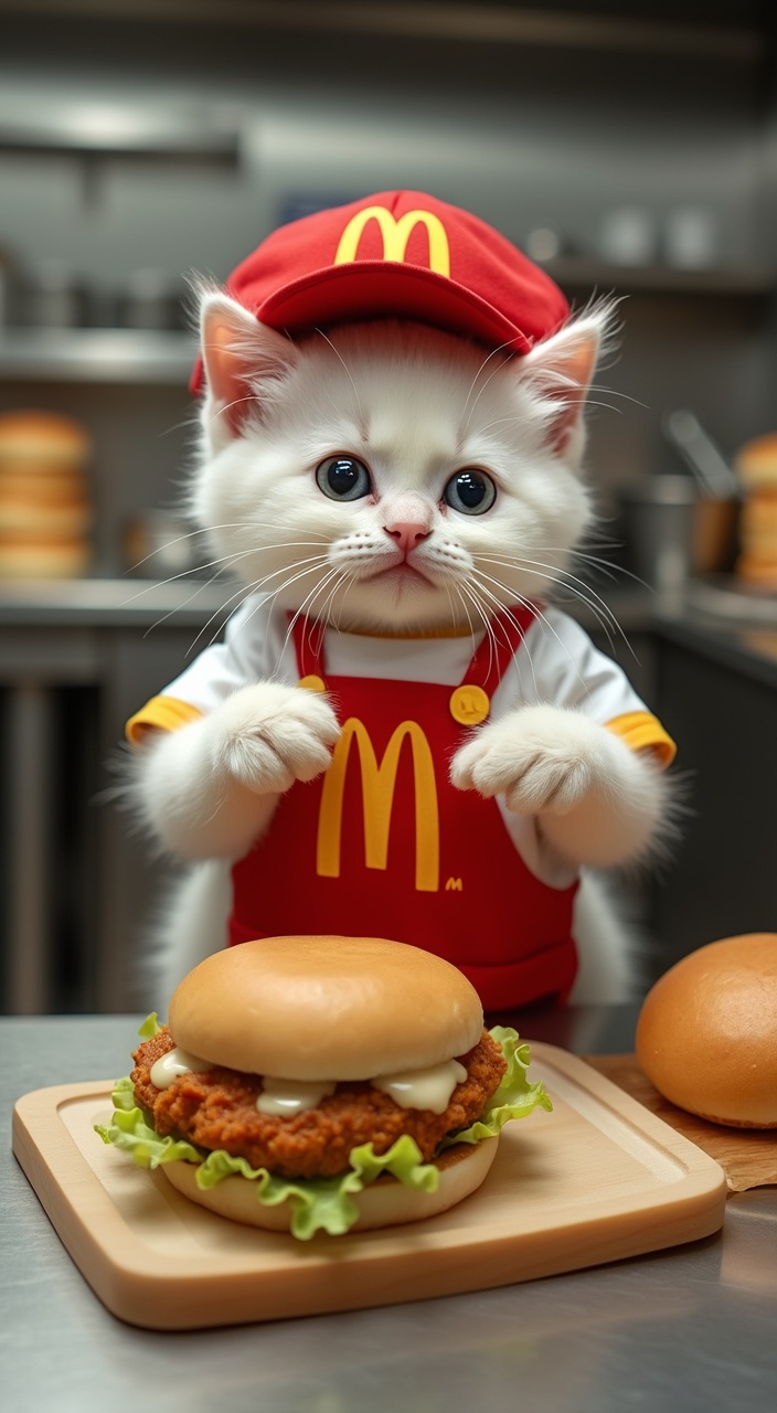 AI generated image by FLUX.1-pro: A cute  white kitten dressed as a McDonald's employee, wearing a red and white uniform with the McDonald's logo and a matching hat.The cat is standing in a fast-food kitchen, placing the top bun on a burger that has a saucy chicken patty, lettuce, and mayonnaise on the bottom bun. The other half of the bun is nearby on the counter. The kitchen features a stainless steel counter, with stacks of buns and other kitchen equipment in the background. The scene is charming and whimsical, with the cat looking proud of its completed burger
