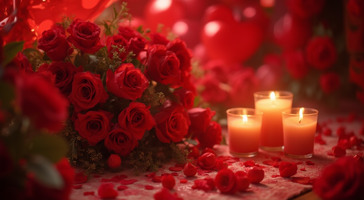AI generated image by FLUX-Realism-Lora: Heart Shaped Decoration:
“Romantic scene surrounded by red heart-shaped balloons and flowers”
Flowers:
“Bouquet of blooming roses with warm candlelight in the background”
Romantic Dinner:
“Romantic dinner table with red candles and Valentine's Day themed decorations”