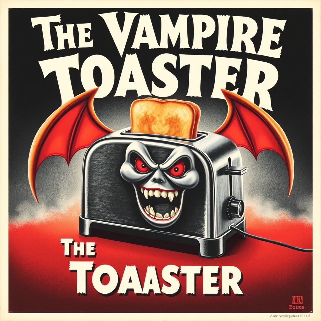 AI generated image by FLUX.1-schnell: 1940's Halloween movie poster for 'The Vampire Toaster', depicting a toaster turned vampire"
