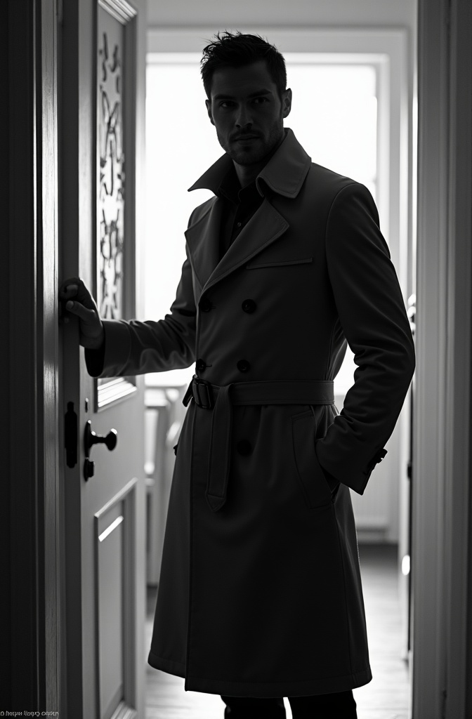 AI generated image by FLUX.1-image-to-image: black-and-white photo with the broad-shouldered silhouette of a man in a trench coat standing in a doorway coming in. 
The man holding the door handle, as if he just entered the room.

