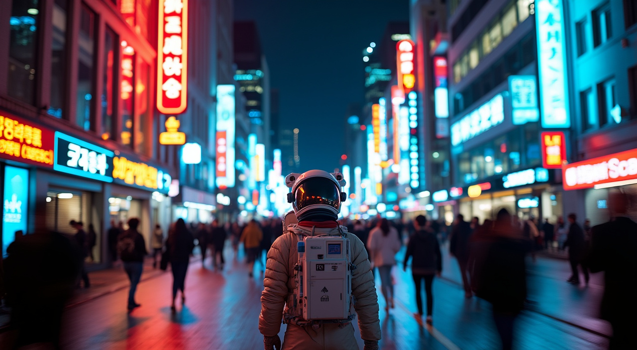 AI generated image by FLUX.1-pro: To Promote the Use of AI Technology and Revitalize Convergence Design "This is a wide-angle shot of Lendmark on the busy city streets of Gwangju at night, where imaginations become reality × The city lights are shining neon facing the blurry lights of passers-by. Astronauts ponderously on the crowd and evoke solitude in a fast-paced world. A dark urban background with movie lights, vivid colors, crowd motion blur, and shining street signs