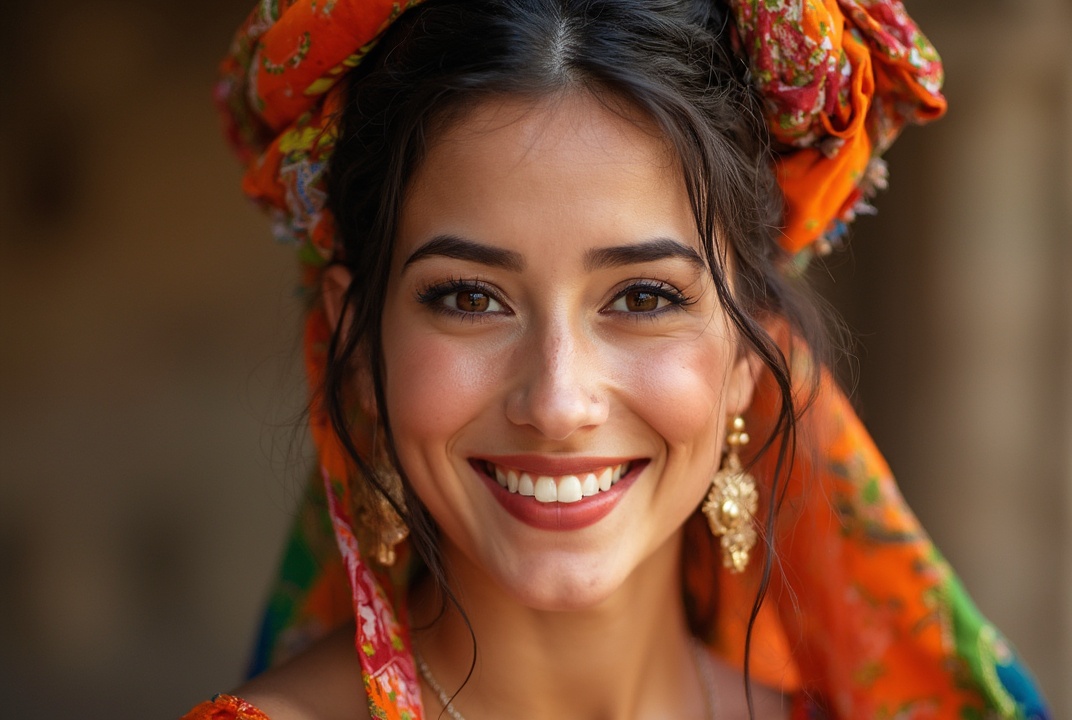 AI generated image by FLUX-Realism-Lora: Close-up of a Tunisian dancer's face, wearing a traditional folkloric costume. Capture the intricate details of her vibrant makeup, delicatejewelry, and the colorful, patterned fabric of her headdress. Her expression is joyful, with a warm, inviting smile that conveys the spirit of Tunisian culture. The background is softly blurred to emphasize her face and the rich textures of her attire, highlighting the beauty and artistry of traditional dance.