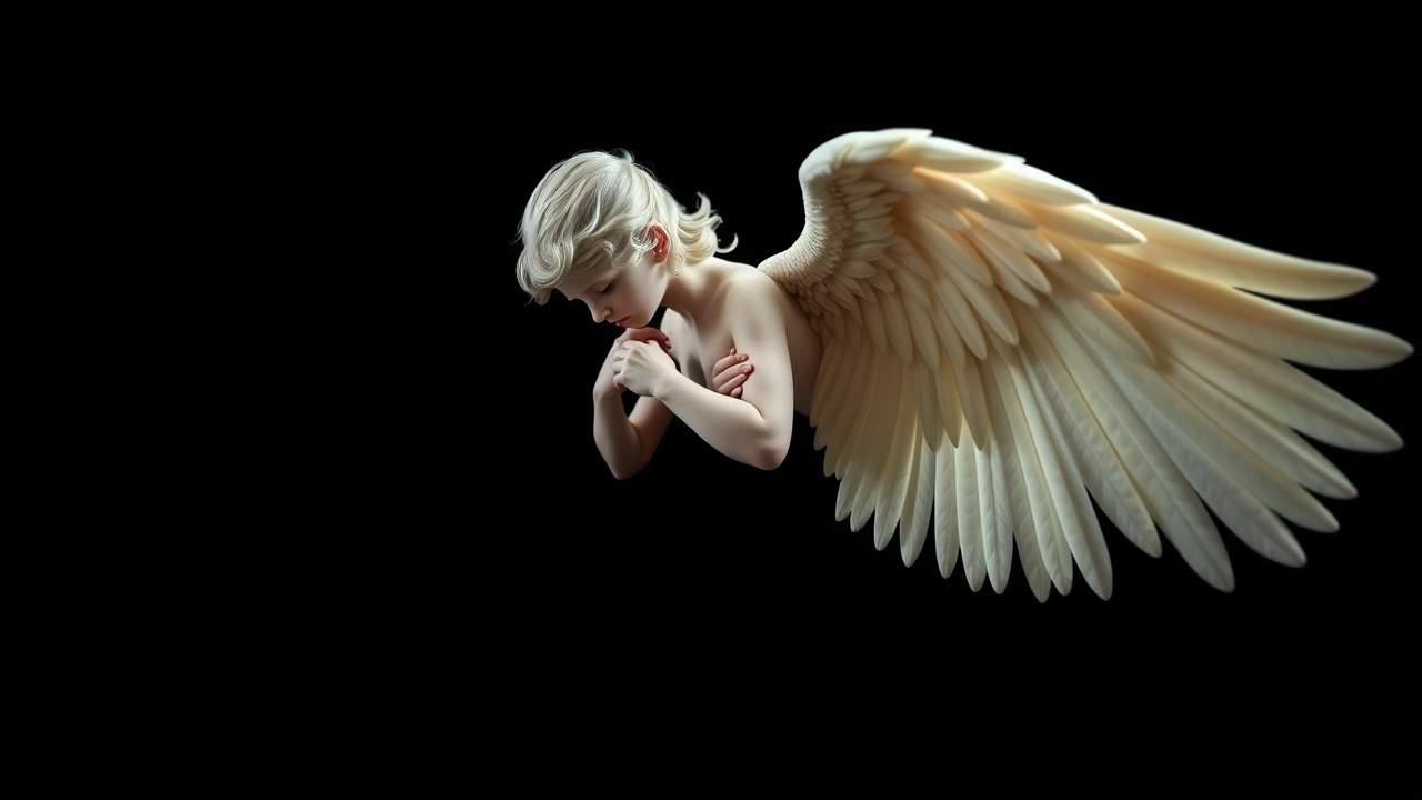 AI generated image by FLUX.1-schnell: a angel on black background... mystical, etheral, heavenly, whole angel is in the image , nothing is out of frame... the angel is oriented sideways and looks down