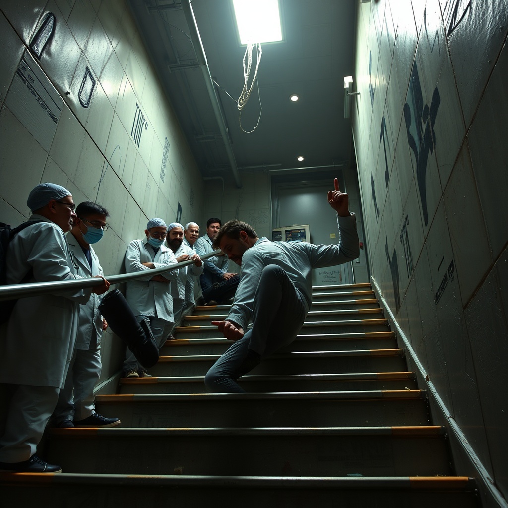 AI generated image by FLUX.1-schnell: Gordan Freeman from half-life Falls down flight of stairs while scientists watch in horror