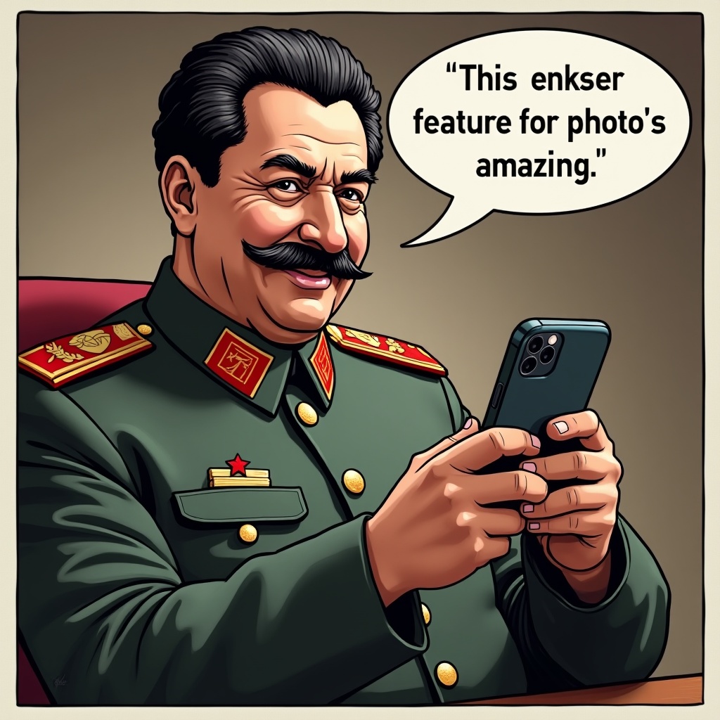 AI generated image by FLUX.1: Comrade Stalin is using the new iPhone 16. He's using the new AI photo manipulation feature. he's smiling nefariously as he is deleting his former pesky rivals from old group photos. 

Add a word baloon (like in comics) with a text in there reading: "this erase feature for photo's is amazing!" Add only 1 word baloon. make sure he's holding an iphone 16
