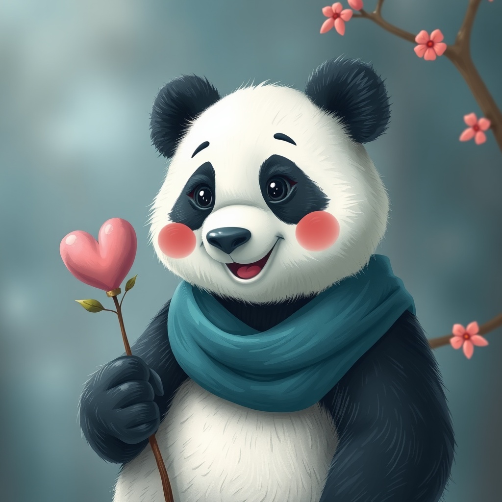 AI generated image by FLUX.1-schnell: un panda heureux qui annonce une bonne nouvelle avec un arrière plan rose et bleu marine