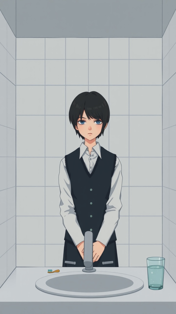 AI generated image by FLUX.1-schnell: Omocat's omori game artstyle, The image depicts a young person standing behind a bathroom sink facing the viewer, their expression somber. Their dark hair is neatly styled, and they are dressed in a white shirt with a dark vest. The tiled walls behind them are plain and featureless, creating a sense of isolation. The sink faces the subject. The only other elements in the scene are a toothbrush and a glass on the counter, suggesting a routine that the individual may find difficult to engage in. The overall mood of the image is melancholic, hinting at a sense of loneliness or sadness. The subdued colors and minimalist composition further contribute to the somber atmosphere.  The image leaves room for interpretation, inviting viewers to consider the inner thoughts and feelings of the subject.