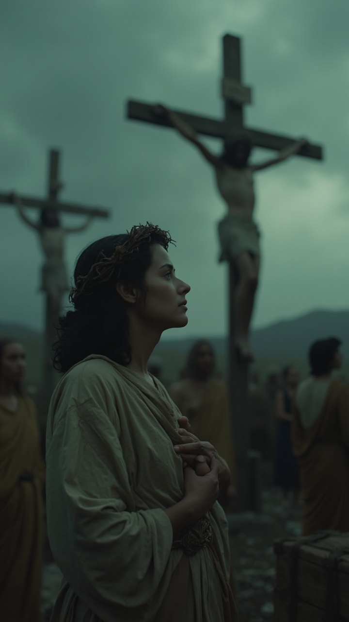 AI generated image by FLUX-Realism-Lora: In a hauntingly atmospheric 9:16 video shot, the scene opens on a solemn crucifixion, set against a dark, tumultuous sky that blankets the ancient landscape in a foreboding green-gray hue. Centered in the foreground stands a woman, her hand pressed to her heart in a pose of deep sorrow, with eyes fixed upward, embodying both reverence and grief. She is clothed in a loose, earth-toned robe tied with a simple belt, her expression deeply pained yet resilient, emphasizing her connection to the tragic events unfolding before her. Behind her rise two crosses, prominently featuring Jesus on the left, identifiable by his serene yet anguished expression, a crown of thorns encircling his head. His body shows signs of strain and suffering, with visible wounds and emaciated features, capturing the unmistakable imagery of the crucifixion with hyper-realistic detail.

Camera Movement: The shot begins with a slow upward tilt, starting from the woman’s waist, moving gracefully to her face, capturing the intensity of her emotions. The camera then gently shifts focus to reveal Jesus on the cross, slowly zooming in to emphasize the details—his face lined with suffering yet marked by a quiet acceptance, the crown of thorns casting shadows on his forehead, his wounds stark against his pale skin. This movement transitions to show the secondary figure on the cross, further amplifying the scene’s gravity. IMAX-level detail highlights every fabric fold, facial expression, and muscle strain, rendering the scene in ultra-high definition. The lighting casts dramatic shadows across the somber crowd in the background, who watch in silent mourning, their faces etched with anguish and reflection. This cinematic HD photorealistic shot captures award-winning cinematography, bringing extreme realism to this powerful, emotionally resonant moment, set against a desolate, stormy sky.