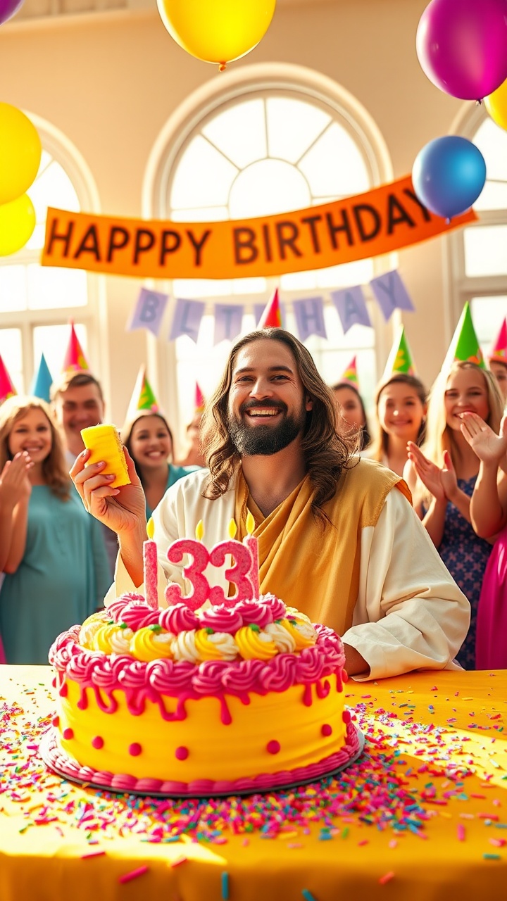 AI generated image by FLUX.1-schnell: A vibrant and colorful birthday celebration centered around Jesus Christ. Jesus, depicted with long wavy brown hair, a trimmed beard, and wearing a radiant white robe with a golden sash, is seated at a festive table, joyfully holding a slice of a bright yellow birthday cake with intricate pink decorations. The cake is large, topped with the number "33" in bold, colorful candles, and adorned with candy sprinkles and frosting swirls. The table is covered in a vivid fabric sprinkled with multicolored confetti, creating an eye-catching base. Behind Jesus, a group of cheerful people wearing vibrant party hats are clapping and smiling in celebration, radiating happiness. Balloons in bright shades of yellow, purple, blue, and red float in the air, and a festive banner reading "Happy Birthday Jesus" stretches across the room. The setting is bathed in warm sunlight streaming through large arched windows, adding a glow to the scene. The atmosphere is one of joy, unity, and vivid energy, emphasizing every colorful detail to make the image as striking and vibrant as possible.