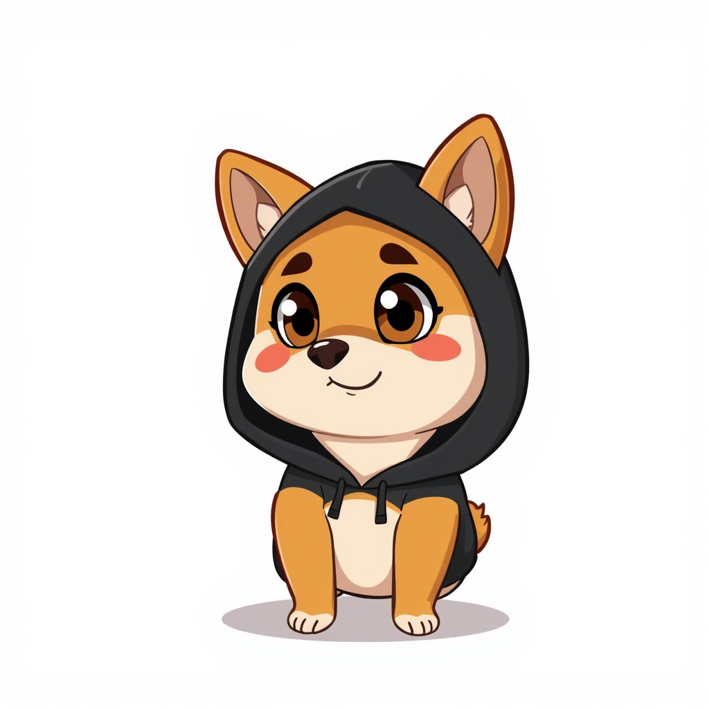 AI generated image by FLUX.1-schnell: 2d cartoon style image of Shiba Inu dog in a black hoodie with large cute eyes