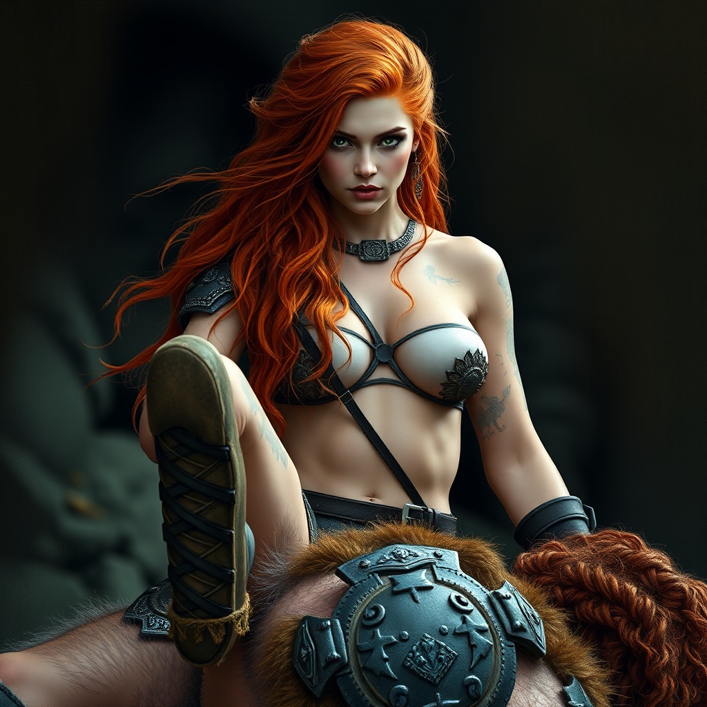 AI generated image by FLUX.1-schnell: Generate a beautiful green eyed red haired warrior with hair barely covering bare nipples. standing with her foot resting up on a slain viking.

